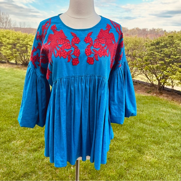 Anthropologie Hemant & Nandita Blue Lianna Embroidered Blouse Size S - Picture 4 of 16